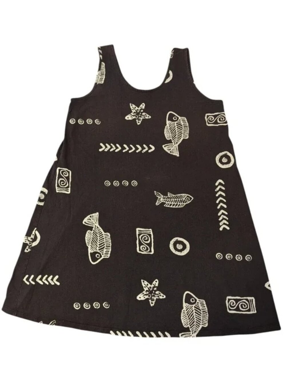 90's Baba Hawaii Womens Black Cotton Fish Starfish Sleeveless Tank Dress Large